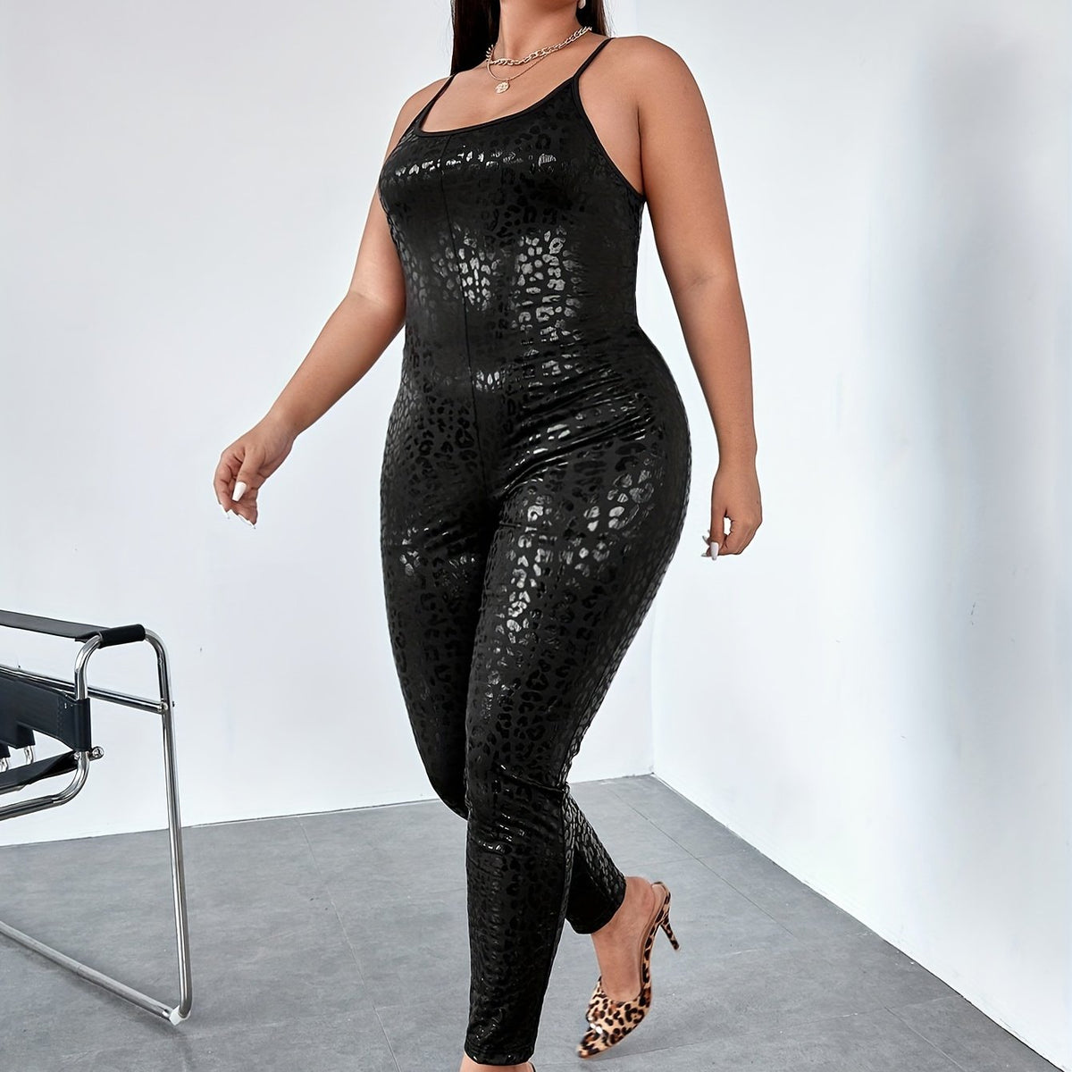  Leopard Cami Jumpsuit Women's Scoop Neck Stretch Skinny