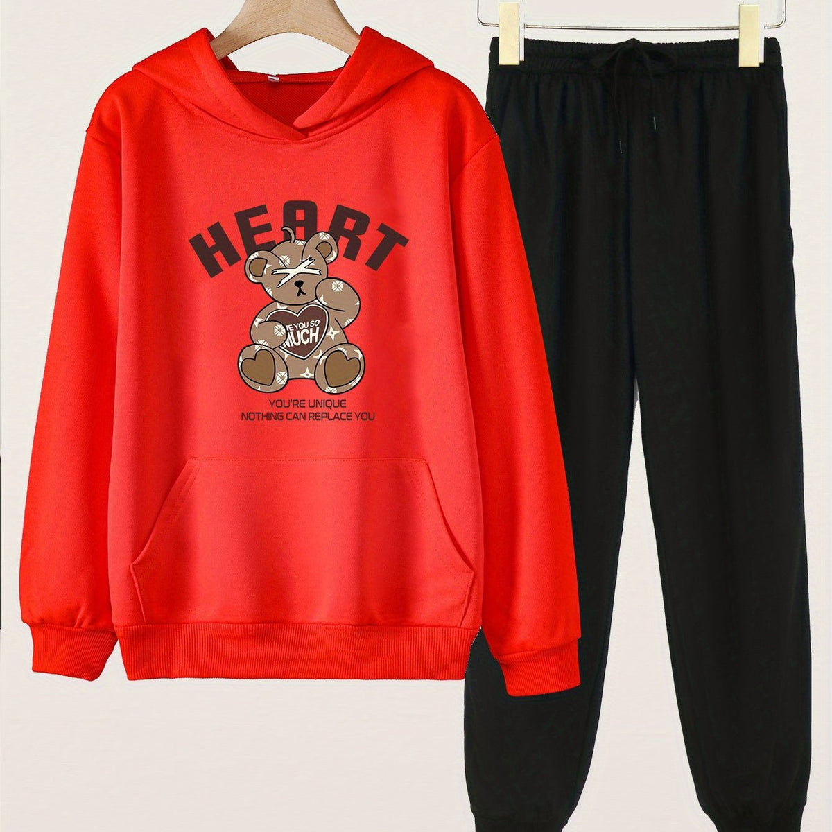 2pcs Heart Bear Hoodies & Jogger Pants Set For Girls