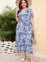Toile Print Short Sleeve V Neck Plus Size Dress