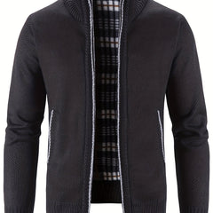 Men's Warm Stand Collar Fleece Jacket Semi-Formal Solid Zip Up Cardigan