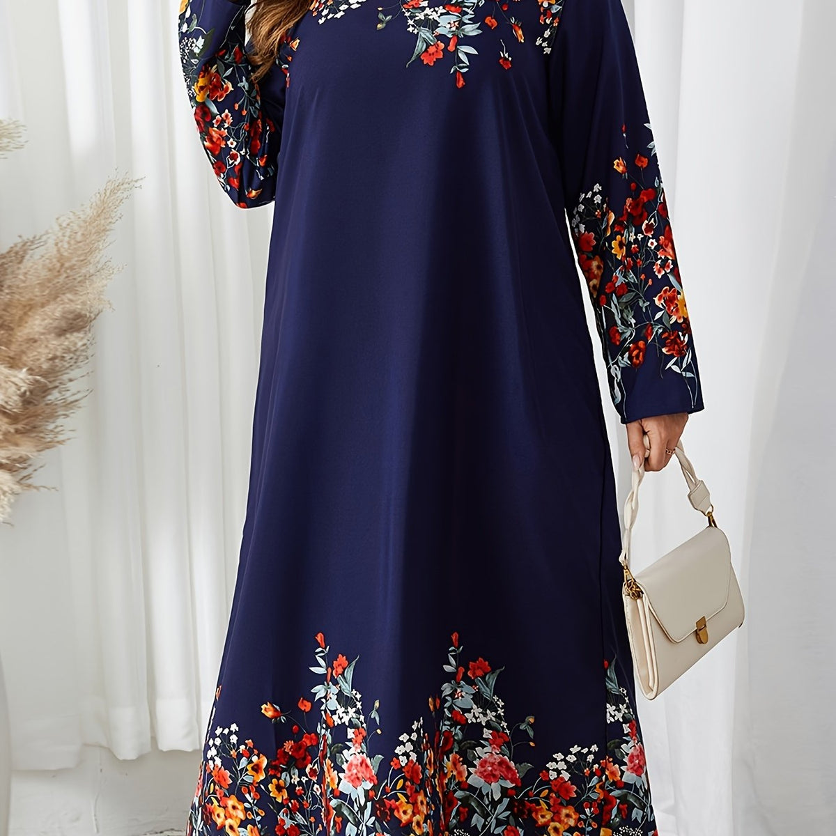  Floral Print Long Sleeve Abaya Dress