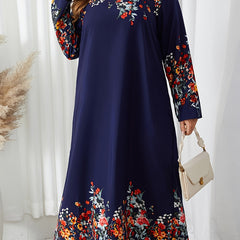  Floral Print Long Sleeve Abaya Dress
