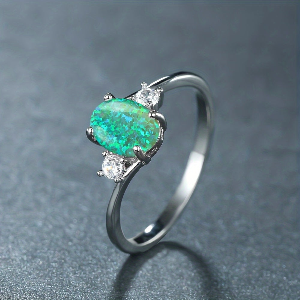 Opal Stone Engagement Ring Classic Silver Crystal Oval Wedding Rings For Women