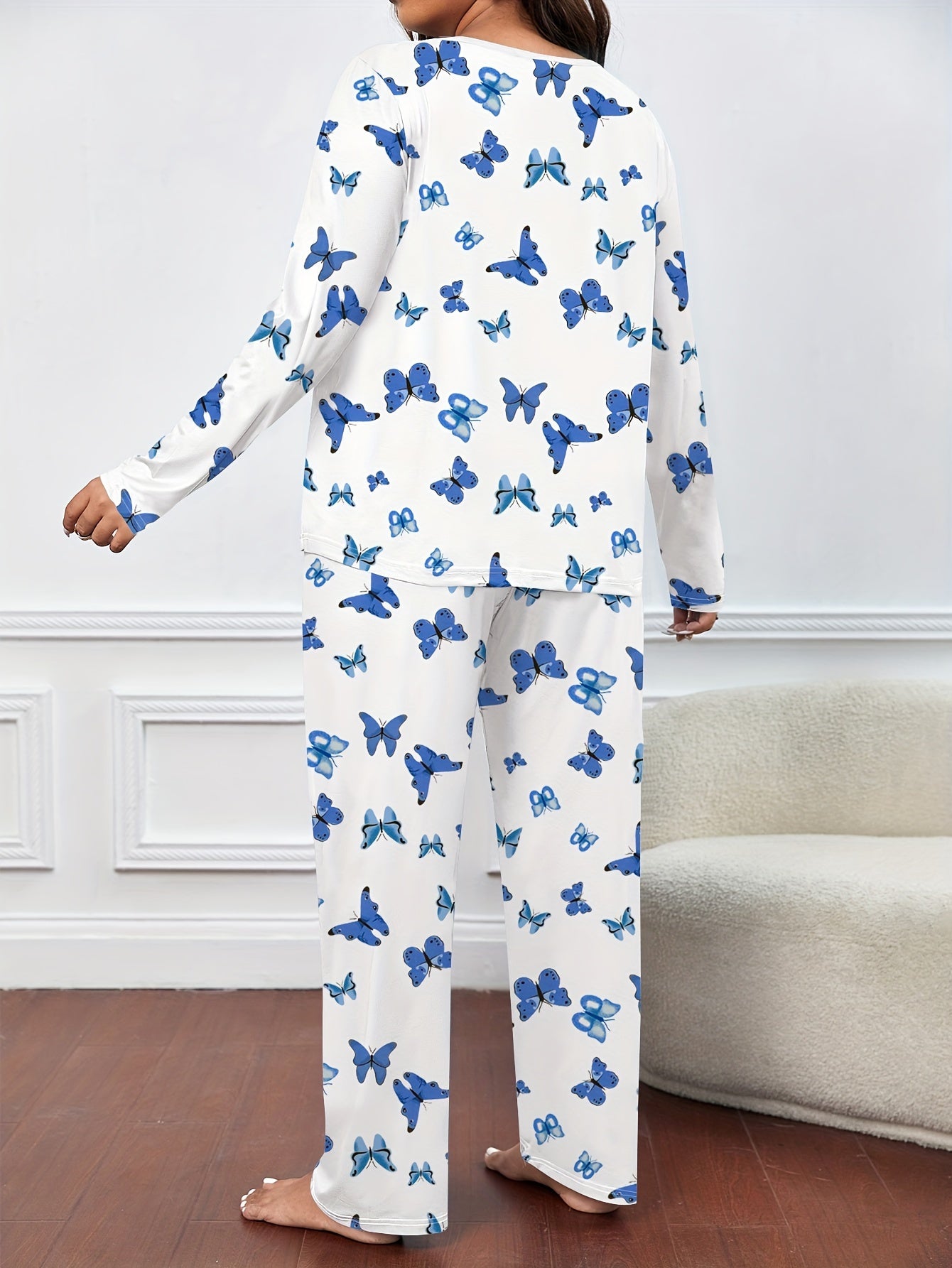  Butterfly Print Pajama Set Long Sleeve Tee & Pants Lounge 2 Piece