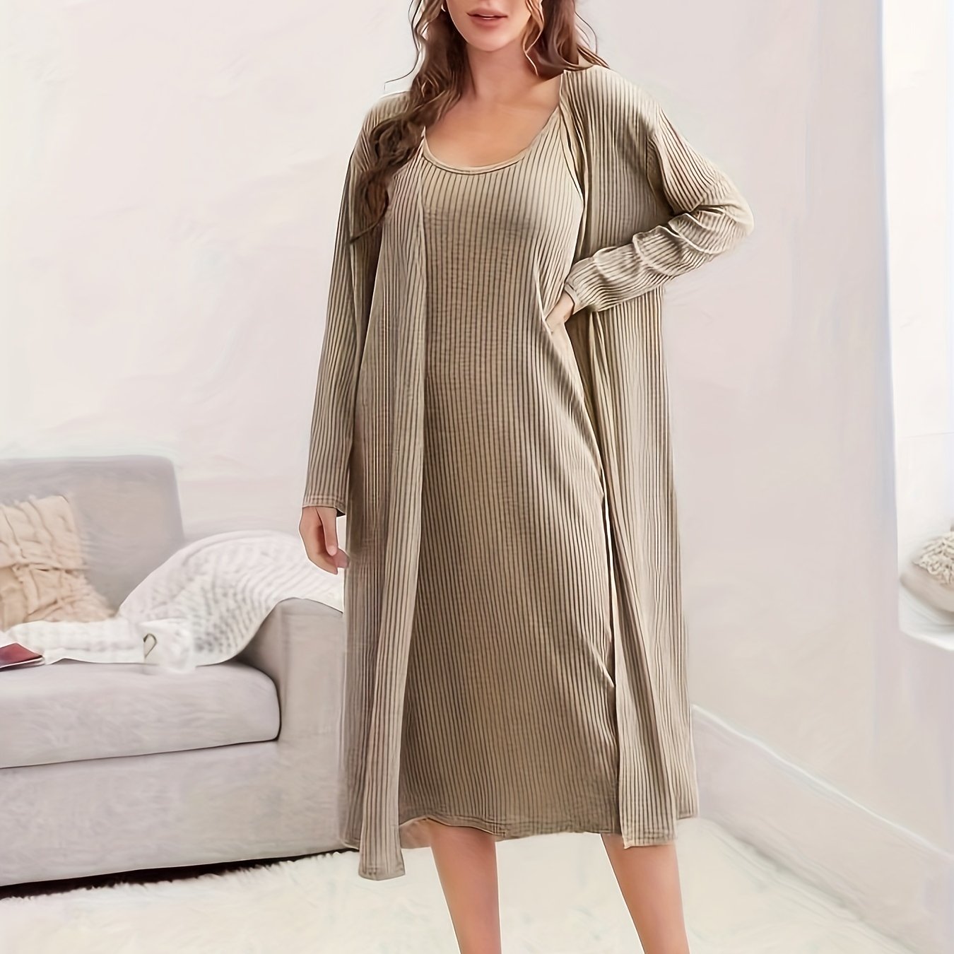  Ribbed Knit Cami Dress & Long Sleeve Cardigan Nightgown Set