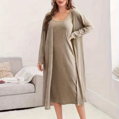  Ribbed Knit Cami Dress & Long Sleeve Cardigan Nightgown Set