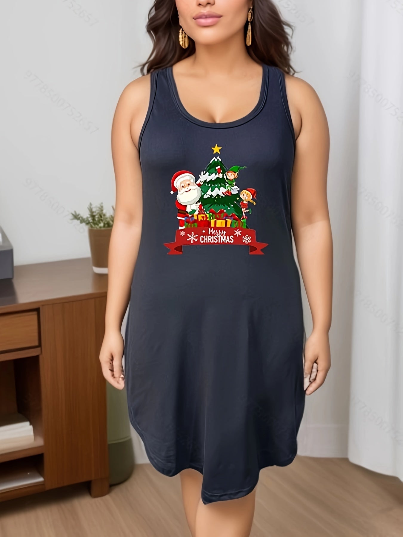  Christmas Lounge Dress Women's Santa Claus Round Neck Tank Sleep Dress