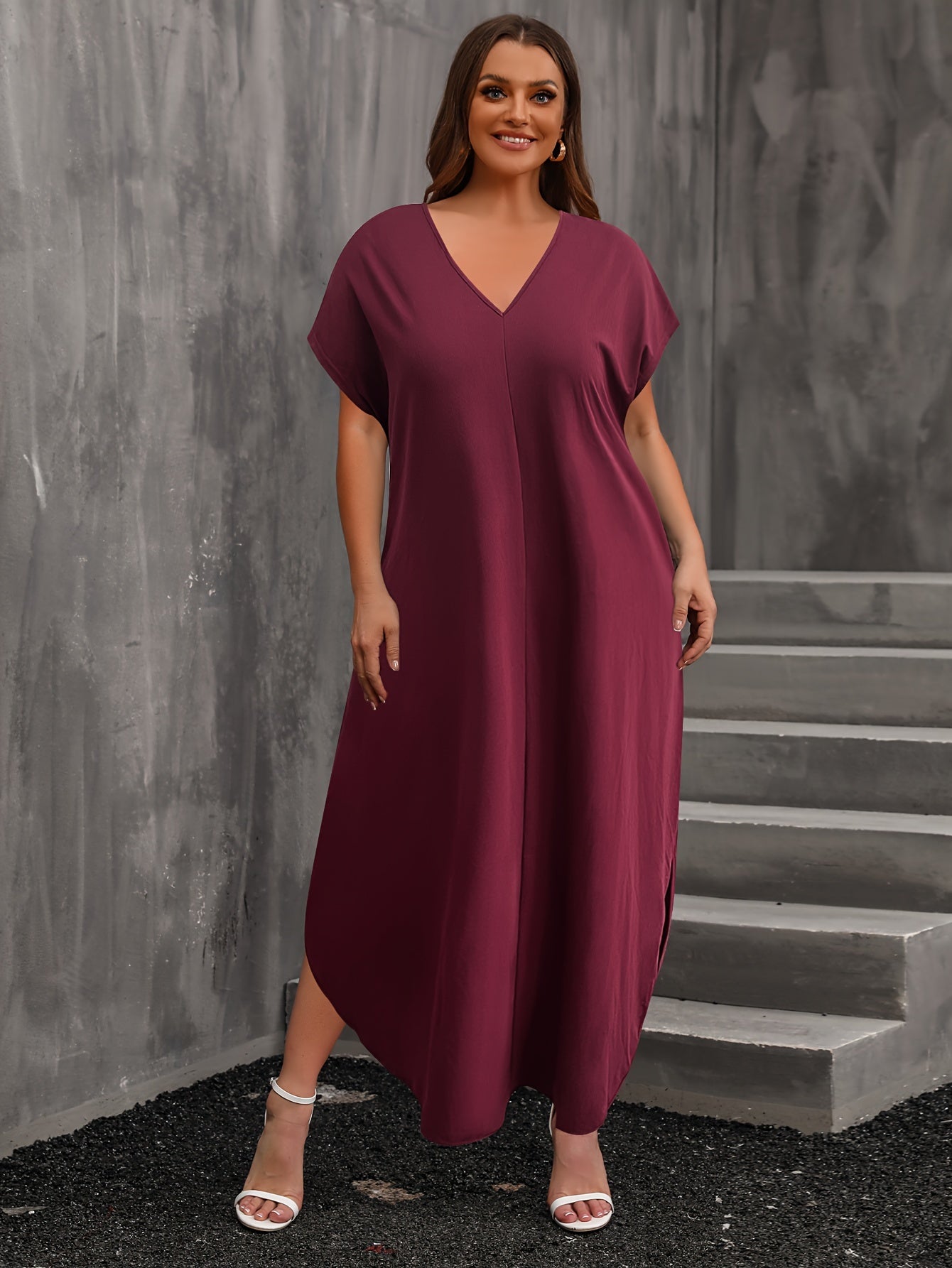  Casual Dress Women's Plus Solid Batwing Sleeve V Neck