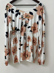  Floral Print Lantern Sleeve Knot Back Peplum Top