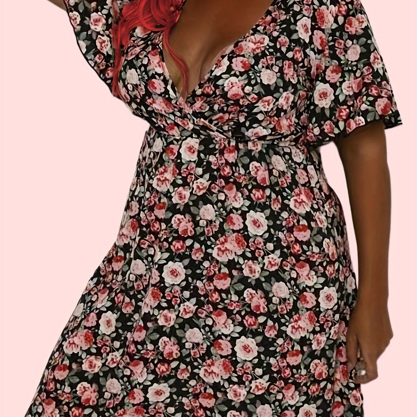  Rose Print Short Sleeve V Neck Dress