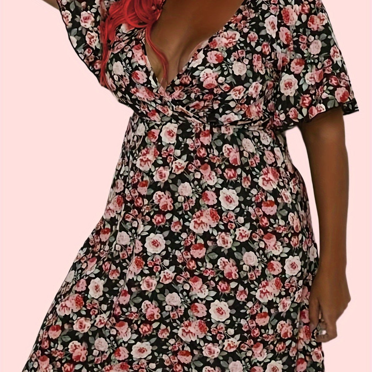  Rose Print Short Sleeve V Neck Dress