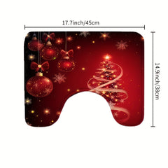 4pcs Red Christmas Tree Bathroom Set with Decorative Curtain & Non-Slip Carpet