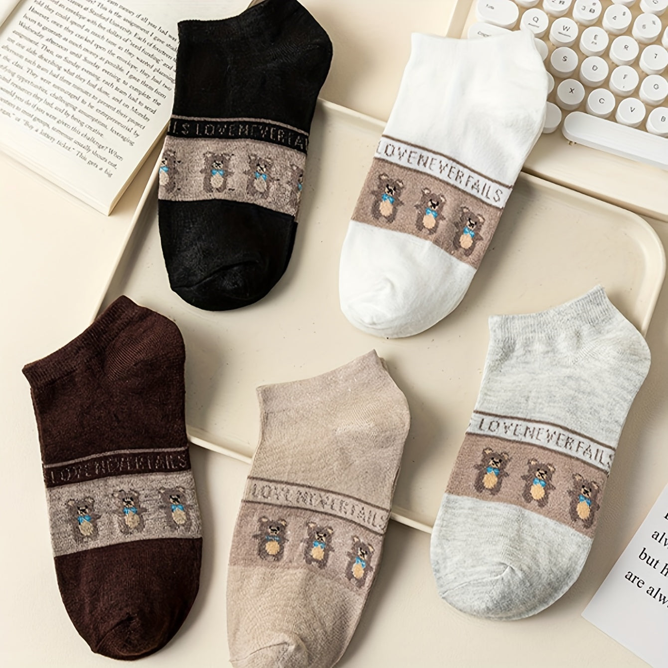 5 Pairs Cartoon Bear Print Socks Low Cut Women's Stockings
