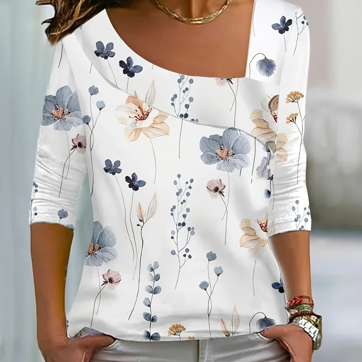  Casual Blouse Women's Plus Floral Print Long Sleeve Irregular Neck