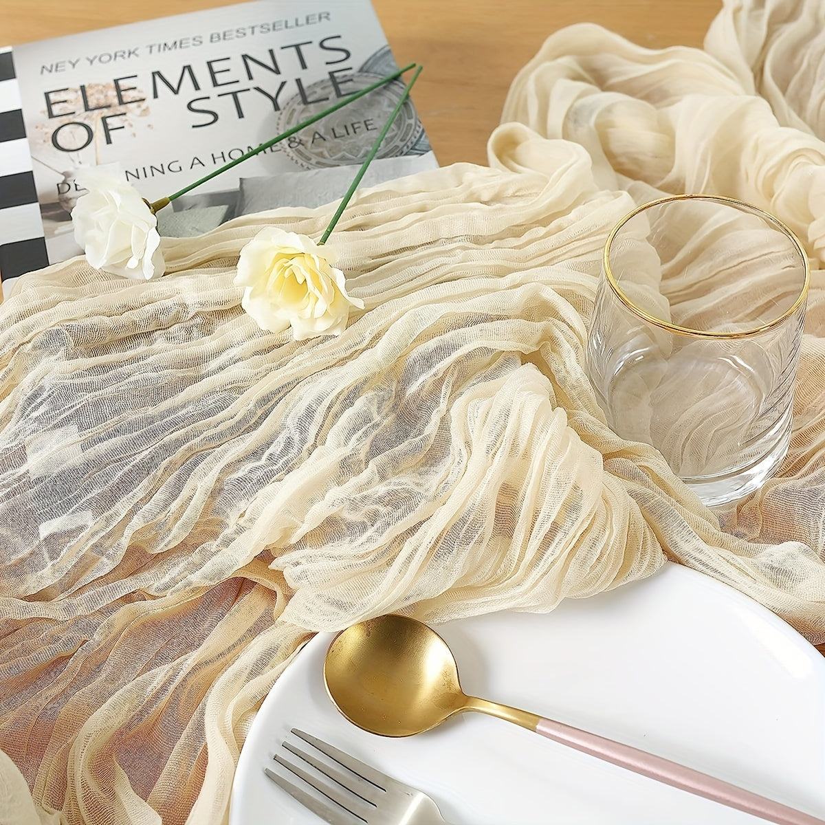 Polyester Table Runner Beige Balinese Pleated Solid Table Cover