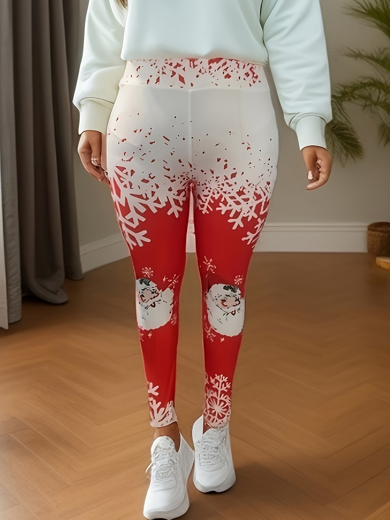  Christmas Leggings Women's Plus Santa Claus & Snowflake Print