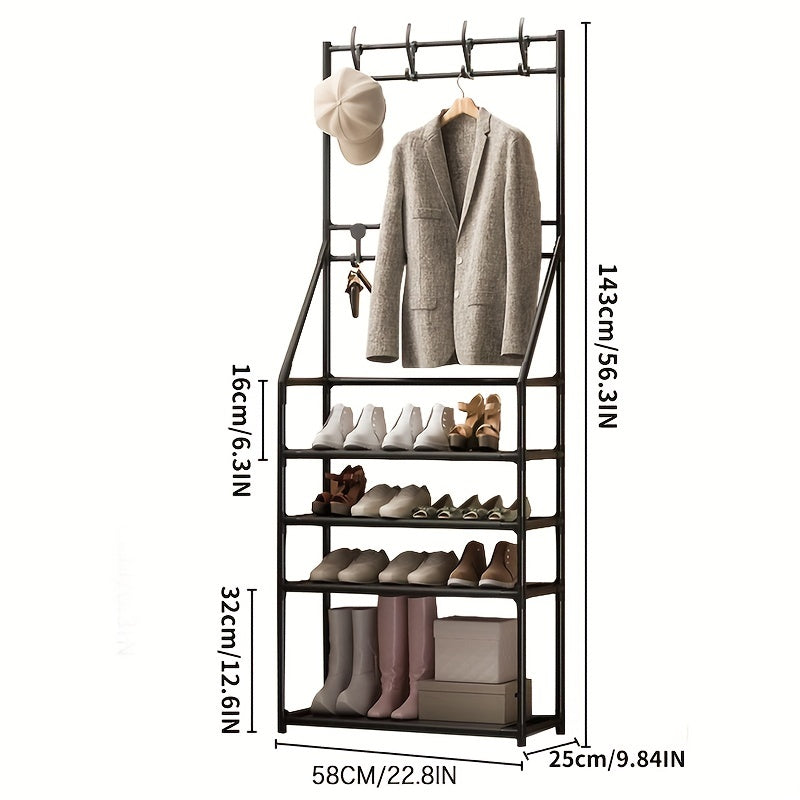 Entryway Coat Rack Shoe Storage Shelves 8 Hooks Living Room