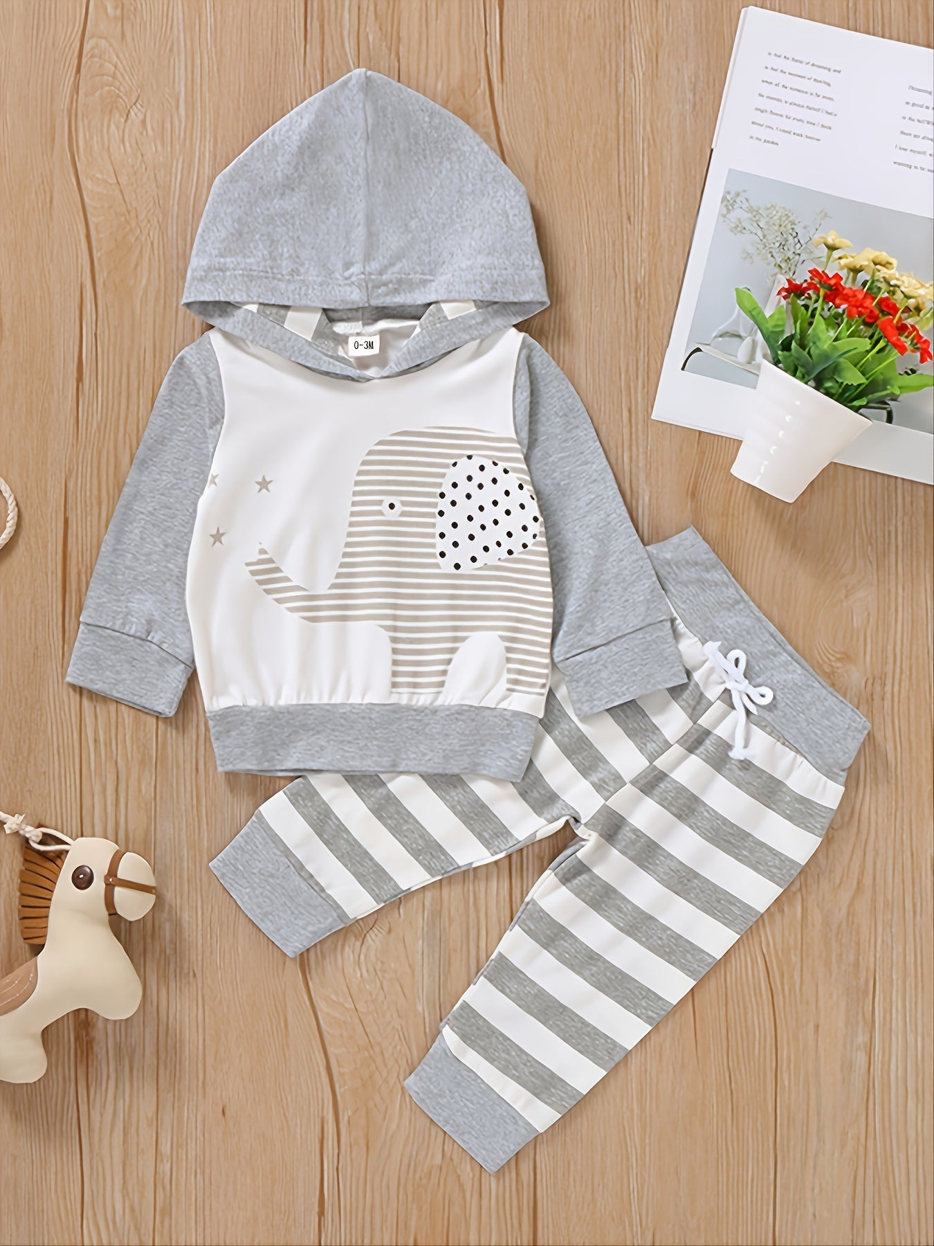 2pcs Baby Boys Elephant Hoodie & Striped Pants Set