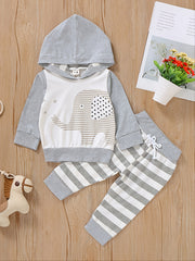 2pcs Baby Boys Elephant Hoodie & Striped Pants Set