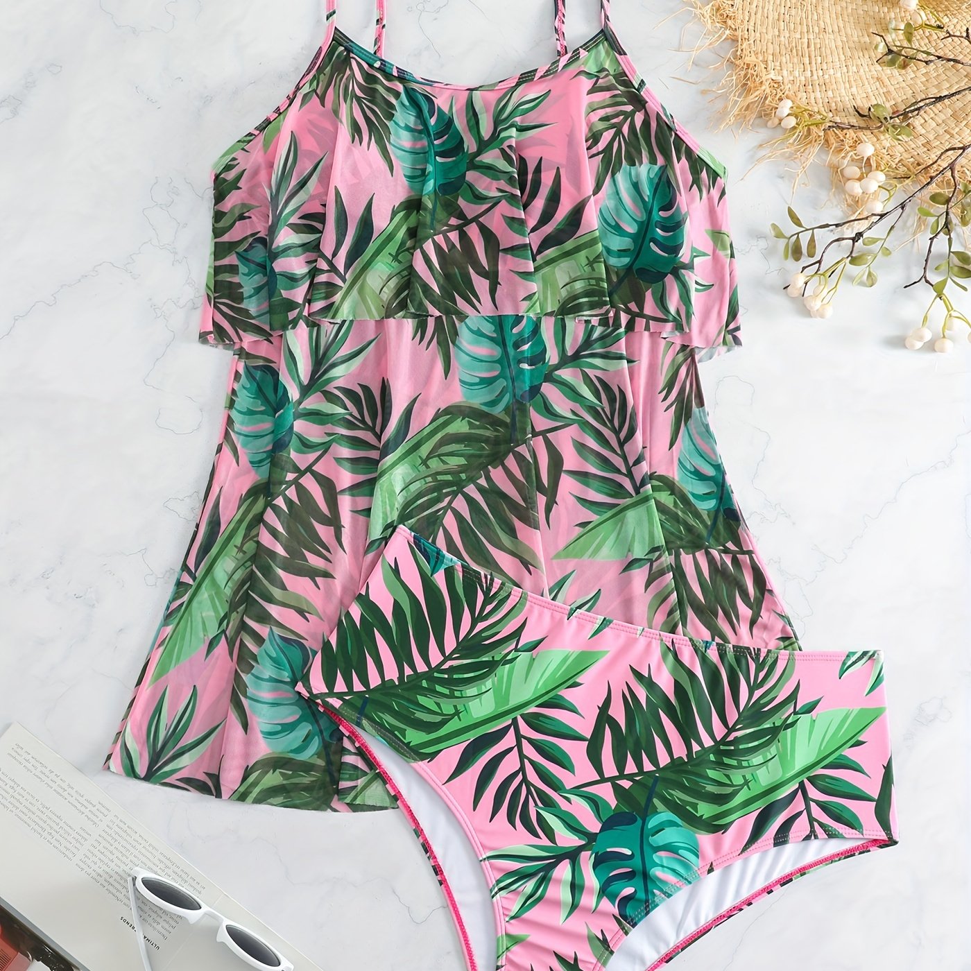  Boho Tankini Set Tropical Print Ruffle Trim Cami Top & Panty Swimsuit