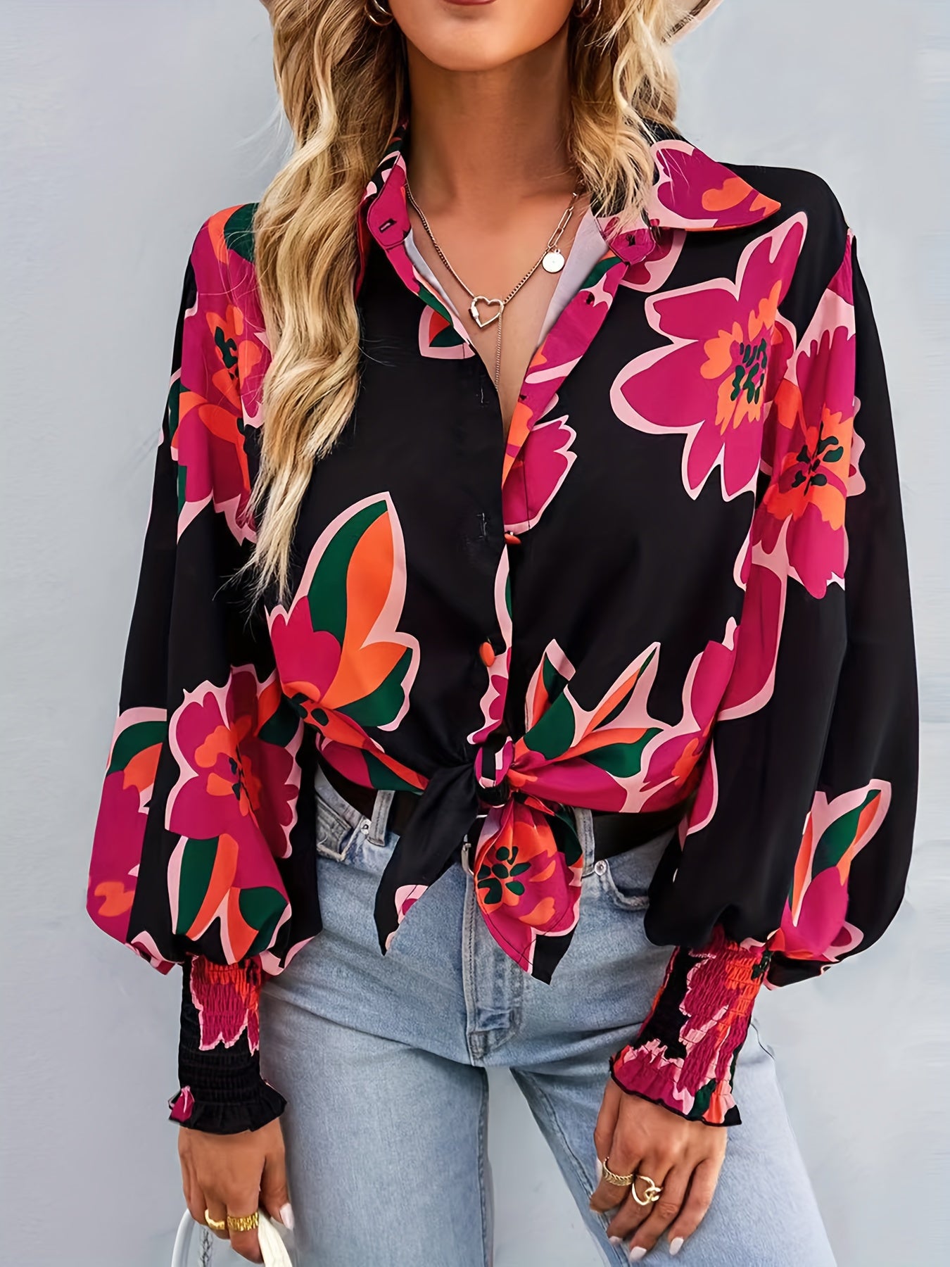  Floral Print Button Up Lantern Sleeve Blouse