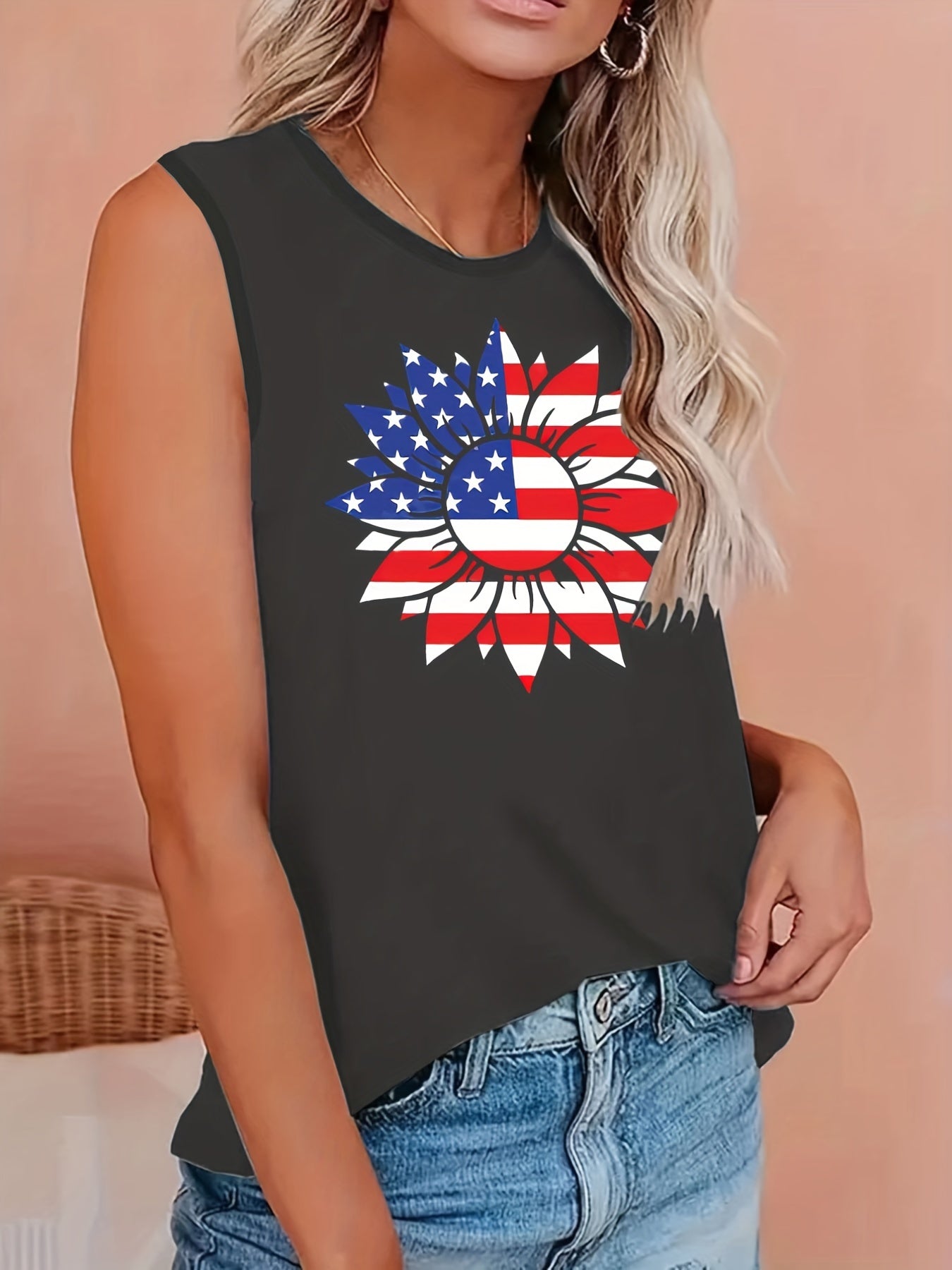  Butterfly & Sunflower Print Round Neck Tank Top
