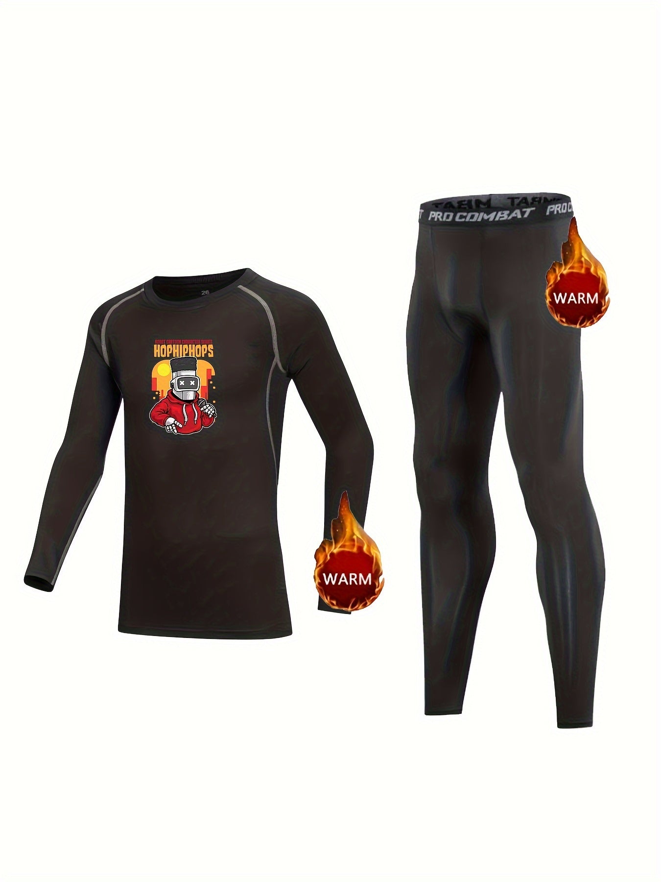 2pcs Kids Compression Fleece Sets - Cartoon Crew Neck & Elastic