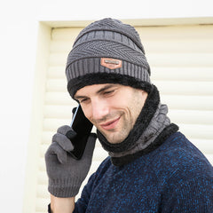 3pcs Casual Fleece Knitted Men's Outdoor Warm Hat Halter Gloves