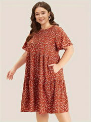  Ditsy Print Short Sleeve Round Neck Dress With Pockets