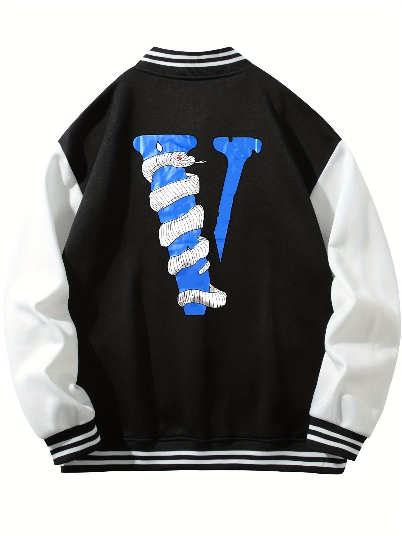 V Letter Print Snake Pattern Graphic Baseball Jacket Men's Clothes