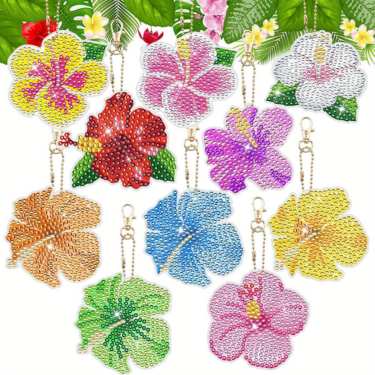 10pcs Tropical Floral Diamond Key Chain DIY Crafts