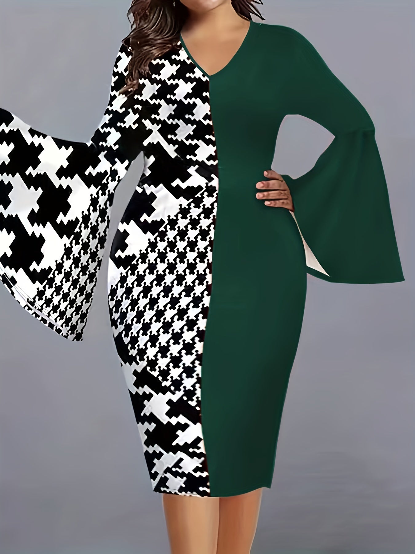  Colorblock Houndstooth Bell Sleeve V Neck Midi Dress
