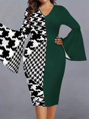  Colorblock Houndstooth Bell Sleeve V Neck Midi Dress