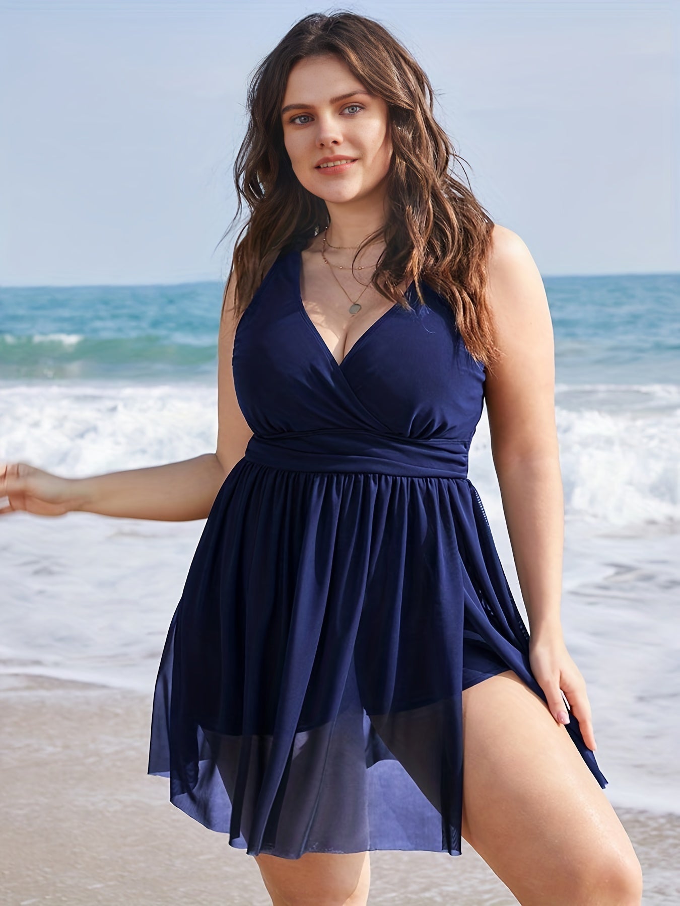  V-Neck Mesh Top & Shorts Swimsuit Two Piece Set