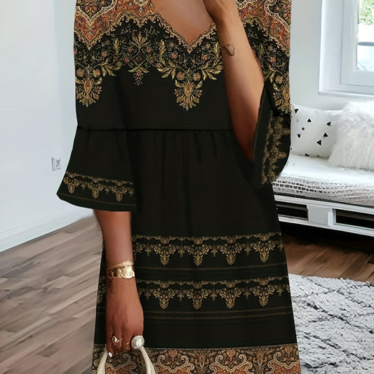 Paisley Print V Neck Stretch Dress