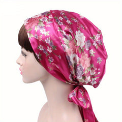 Flower Print Silk Bonnet Lace Up Head Scarf Night Cap Chemo Hat