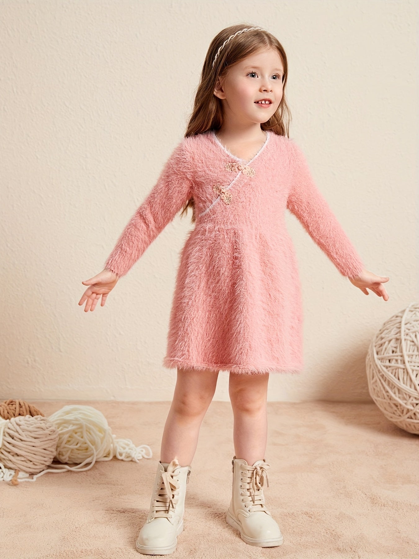 Girls V Neck Knitted Dress Long Sleeve Casual Dress Kids Spring Fall