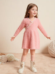 Girls V Neck Knitted Dress Long Sleeve Casual Dress Kids Spring Fall
