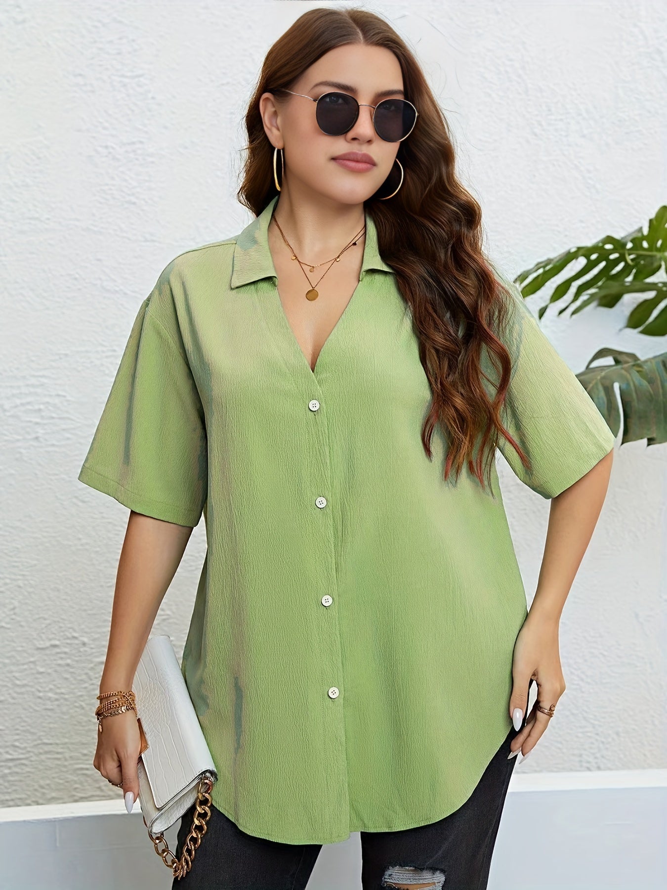 Casual Blouse Solid Button Up Short Sleeve V Neck Blouse