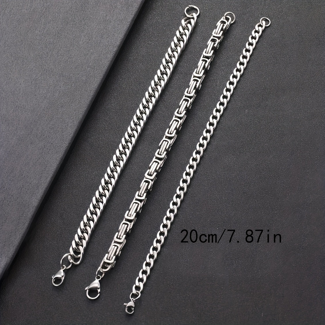 3pcs Silvery Stainless Steel Minimalist Cuban Chain Bracelet Set