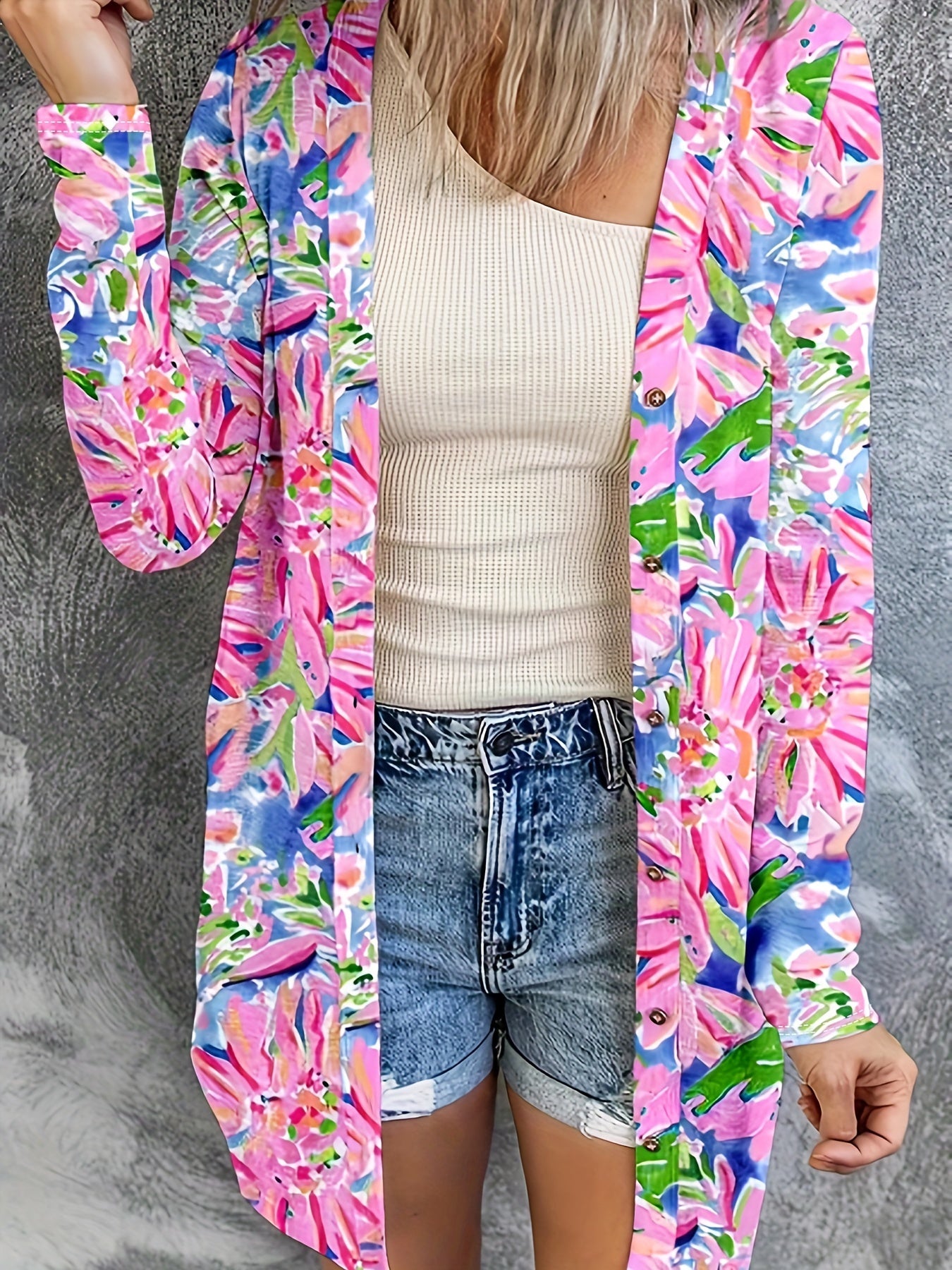  Floral Print Button-Up Cardigan