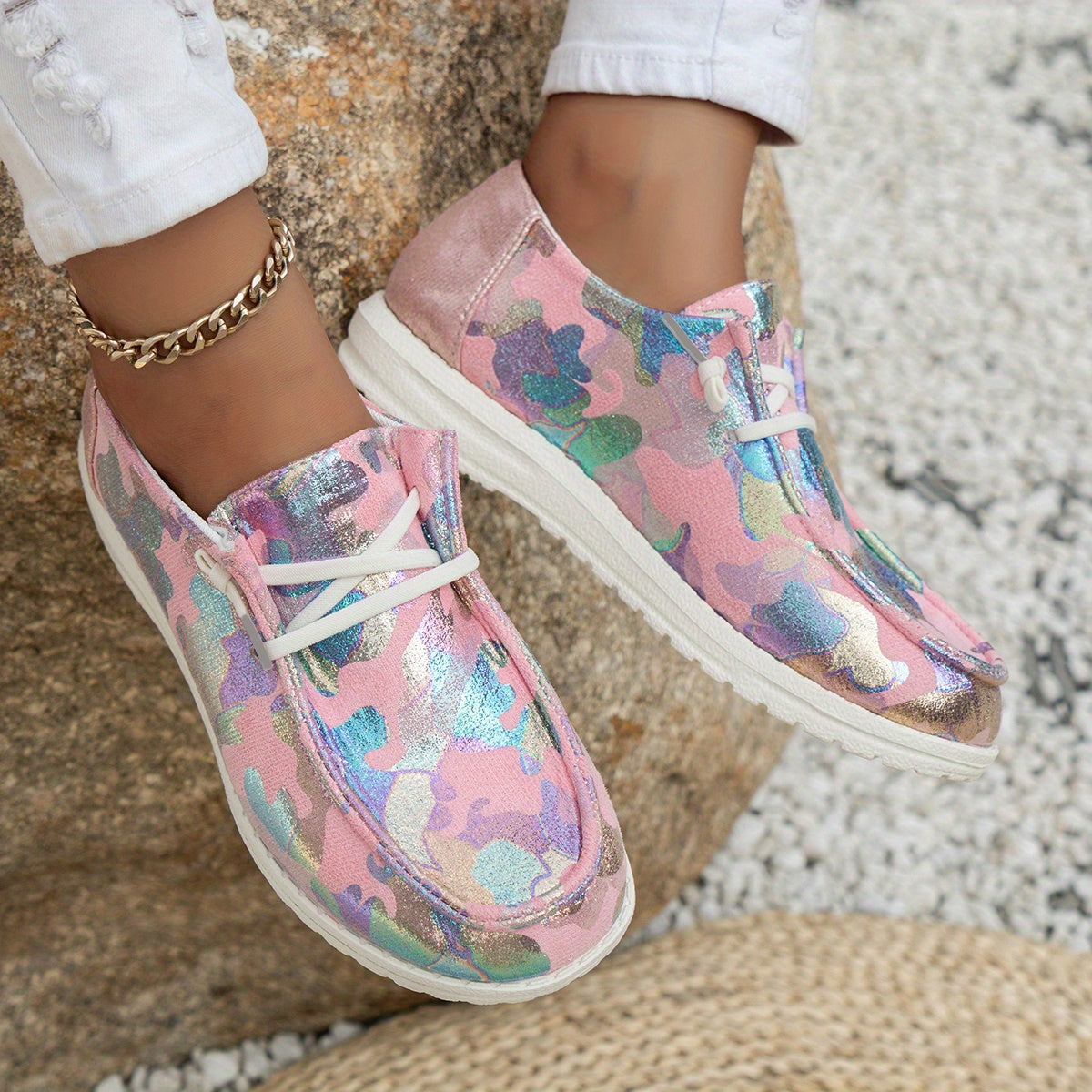 Women's Tie dye Sequins Loafers Slip On Low Flatform Shoes