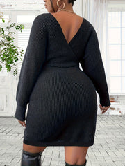 Solid Ribbed Surplice Neck Bat Sleeve Mini Dress