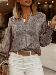  Dalmatian Print Ruffle Trim Lantern Sleeve V Neck Top