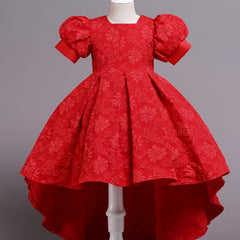 Girls' Formal Flower Jacquard Bubble Sleeve Trailing Evening Dress