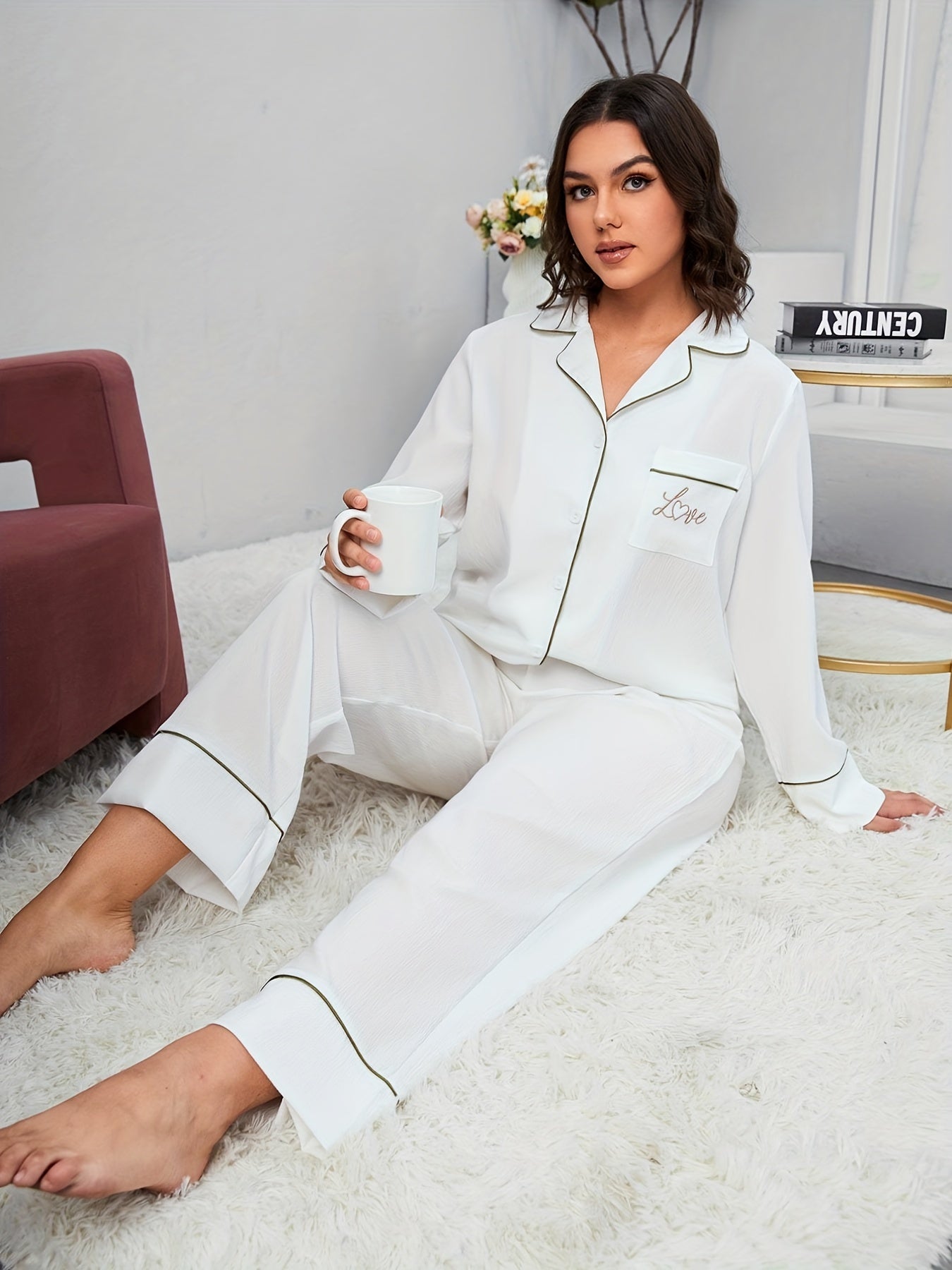  Women's 2pcs Pajama Set Letter Embroidery Shirt & Pants