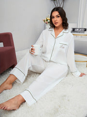  Women's 2pcs Pajama Set Letter Embroidery Shirt & Pants