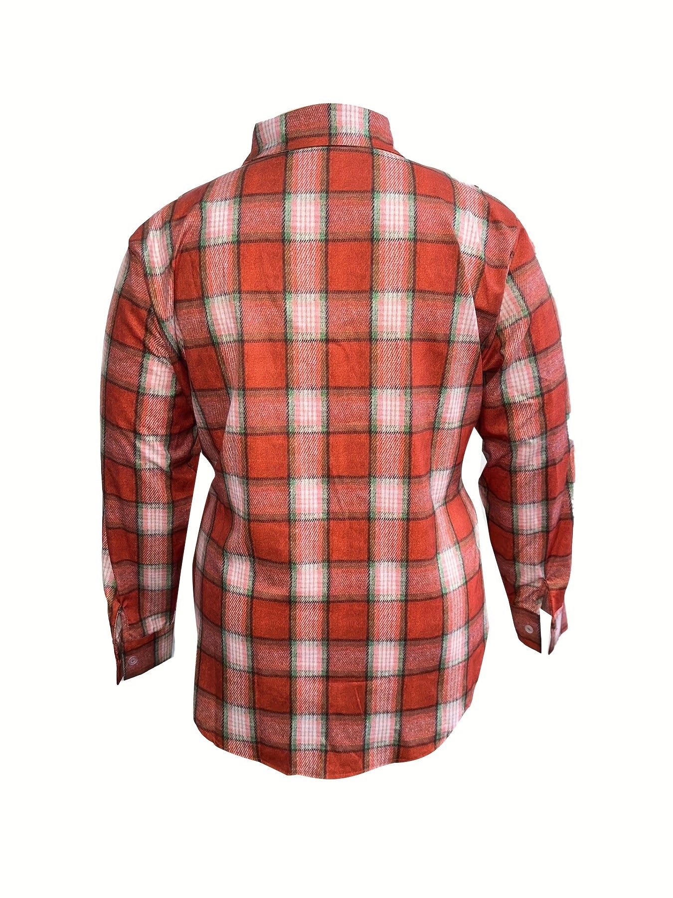  Plaid Print Long Sleeve Button Up Collar Tunic Shirt