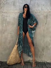 Tie Dye V Neck Kimono Colorblock Beachwear Boho Style Robes