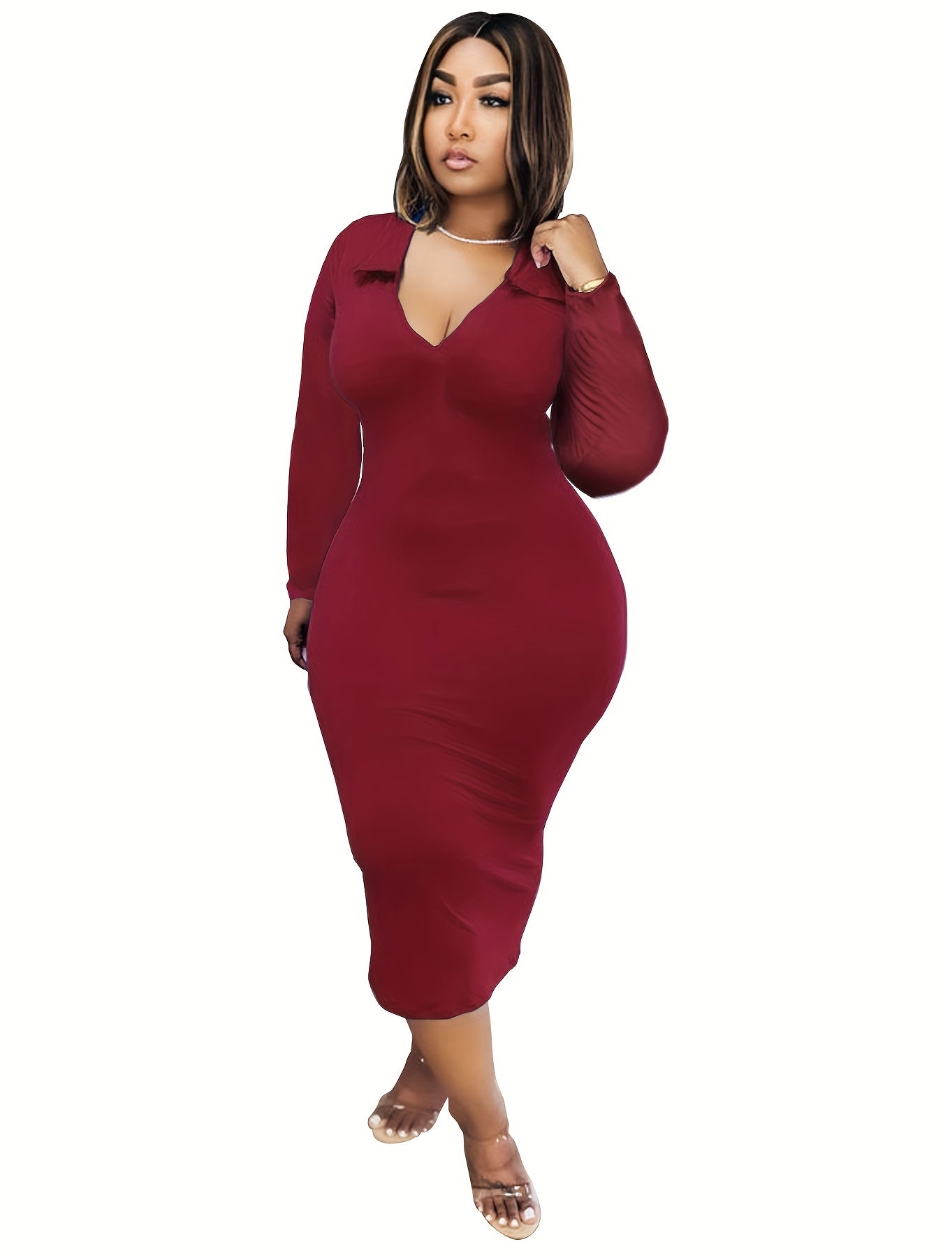 Solid Long Sleeve V Neck Slim Fit Dress